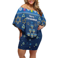 Personalised Jewish Hanukkah Xmas Off Shoulder Short Dress Merry Chrismukkah - Wonder Print Shop