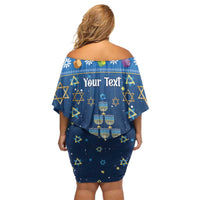 Personalised Jewish Hanukkah Xmas Off Shoulder Short Dress Merry Chrismukkah - Wonder Print Shop