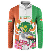 Niger Black-Crowned Crane Button Sweatshirt Coat Of Arms - Kente Pattern - Wonder Print Shop