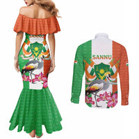 Niger Black-Crowned Crane Couples Matching Mermaid Dress and Long Sleeve Button Shirt Coat Of Arms - Kente Pattern