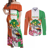Niger Black-Crowned Crane Couples Matching Off Shoulder Maxi Dress and Long Sleeve Button Shirt Coat Of Arms - Kente Pattern - Wonder Print Shop