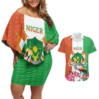Niger Black-Crowned Crane Couples Matching Off Shoulder Short Dress and Hawaiian Shirt Coat Of Arms - Kente Pattern - Wonder Print Shop