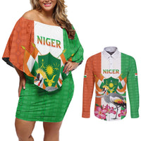 Niger Black-Crowned Crane Couples Matching Off Shoulder Short Dress and Long Sleeve Button Shirt Coat Of Arms - Kente Pattern - Wonder Print Shop