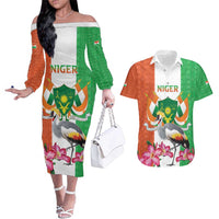 Niger Black-Crowned Crane Couples Matching Off The Shoulder Long Sleeve Dress and Hawaiian Shirt Coat Of Arms - Kente Pattern - Wonder Print Shop