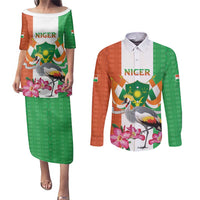 Niger Black-Crowned Crane Couples Matching Puletasi and Long Sleeve Button Shirt Coat Of Arms - Kente Pattern - Wonder Print Shop