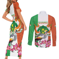 Niger Black-Crowned Crane Couples Matching Short Sleeve Bodycon Dress and Long Sleeve Button Shirt Coat Of Arms - Kente Pattern - Wonder Print Shop