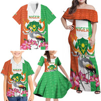 Niger Black-Crowned Crane Family Matching Off Shoulder Maxi Dress and Hawaiian Shirt Coat Of Arms - Kente Pattern - Wonder Print Shop
