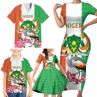 Niger Black-Crowned Crane Family Matching Short Sleeve Bodycon Dress and Hawaiian Shirt Coat Of Arms - Kente Pattern - Wonder Print Shop