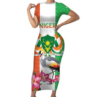 Niger Black-Crowned Crane Family Matching Short Sleeve Bodycon Dress and Hawaiian Shirt Coat Of Arms - Kente Pattern - Wonder Print Shop