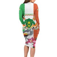 Niger Black-Crowned Crane Long Sleeve Bodycon Dress Coat Of Arms - Kente Pattern - Wonder Print Shop