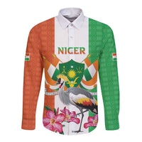 Niger Black-Crowned Crane Long Sleeve Button Shirt Coat Of Arms - Kente Pattern - Wonder Print Shop