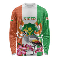 Niger Black-Crowned Crane Long Sleeve Shirt Coat Of Arms - Kente Pattern - Wonder Print Shop