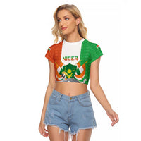 Niger Black-Crowned Crane Raglan Cropped T Shirt Coat Of Arms - Kente Pattern - Wonder Print Shop