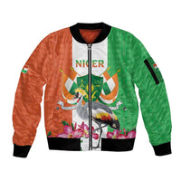Niger Black-Crowned Crane Sleeve Zip Bomber Jacket Coat Of Arms - Kente Pattern - Wonder Print Shop
