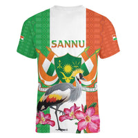 Niger Black-Crowned Crane Women V-Neck T-Shirt Coat Of Arms - Kente Pattern - Wonder Print Shop