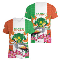 Niger Black-Crowned Crane Women V-Neck T-Shirt Coat Of Arms - Kente Pattern - Wonder Print Shop