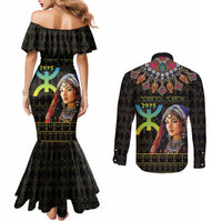 Happy Amazigh New Year Couples Matching Mermaid Dress and Long Sleeve Button Shirt With Women Amazigh - Berber Pattern