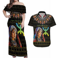 Happy Amazigh New Year Couples Matching Off Shoulder Maxi Dress and Hawaiian Shirt With Women Amazigh - Berber Pattern - Wonder Print Shop