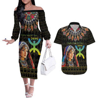 Happy Amazigh New Year Couples Matching Off The Shoulder Long Sleeve Dress and Hawaiian Shirt With Women Amazigh - Berber Pattern - Wonder Print Shop