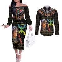 Happy Amazigh New Year Couples Matching Off The Shoulder Long Sleeve Dress and Long Sleeve Button Shirt With Women Amazigh - Berber Pattern