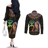 Happy Amazigh New Year Couples Matching Off The Shoulder Long Sleeve Dress and Long Sleeve Button Shirt With Women Amazigh - Berber Pattern