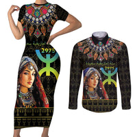 Happy Amazigh New Year Couples Matching Short Sleeve Bodycon Dress and Long Sleeve Button Shirt With Women Amazigh - Berber Pattern - Wonder Print Shop