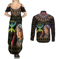 Happy Amazigh New Year Couples Matching Summer Maxi Dress and Long Sleeve Button Shirt With Women Amazigh - Berber Pattern - Wonder Print Shop