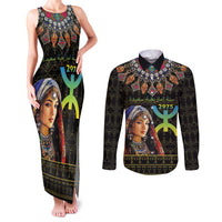 Happy Amazigh New Year Couples Matching Tank Maxi Dress and Long Sleeve Button Shirt With Women Amazigh - Berber Pattern - Wonder Print Shop