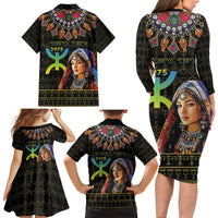 Happy Amazigh New Year Family Matching Long Sleeve Bodycon Dress and Hawaiian Shirt With Women Amazigh - Berber Pattern - Wonder Print Shop