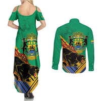 Gabon Black Panther Couples Matching Summer Maxi Dress and Long Sleeve Button Shirt Coat Of Arms