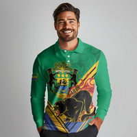 Gabon Black Panther Long Sleeve Polo Shirt Coat Of Arms