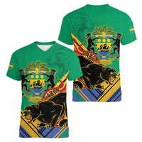 Gabon Black Panther Women V-Neck T-Shirt Coat Of Arms - Wonder Print Shop