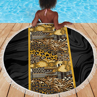 African Tribal Heritage Beach Blanket Black Gold Pattern