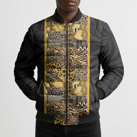 African Tribal Heritage Bomber Puffer Jacket Black Gold Pattern