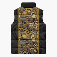 African Tribal Heritage Sleeveless Puffer Jacket Black Gold Pattern