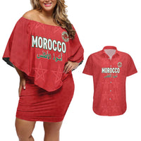 Custom Morocco Football Couples Matching Off Shoulder Short Dress and Hawaiian Shirt Dima Maghrib