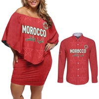 Custom Morocco Football Couples Matching Off Shoulder Short Dress and Long Sleeve Button Shirt Dima Maghrib