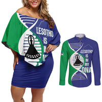 Lesotho Is In My DNA Couples Matching Off Shoulder Short Dress and Long Sleeve Button Shirt Lesotho Map and Coat Of Arms