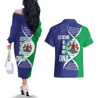 Lesotho Is In My DNA Couples Matching Off The Shoulder Long Sleeve Dress and Hawaiian Shirt Lesotho Map and Coat Of Arms