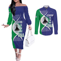 Lesotho Is In My DNA Couples Matching Off The Shoulder Long Sleeve Dress and Long Sleeve Button Shirt Lesotho Map and Coat Of Arms