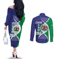 Lesotho Is In My DNA Couples Matching Off The Shoulder Long Sleeve Dress and Long Sleeve Button Shirt Lesotho Map and Coat Of Arms