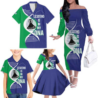 Lesotho Is In My DNA Family Matching Off The Shoulder Long Sleeve Dress and Hawaiian Shirt Lesotho Map and Coat Of Arms