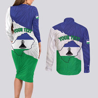 Personalised Lesotho Couples Matching Long Sleeve Bodycon Dress and Long Sleeve Button Shirt Coat Of Arms With Map