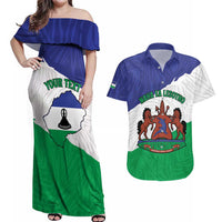 Personalised Lesotho Couples Matching Off Shoulder Maxi Dress and Hawaiian Shirt Coat Of Arms With Map