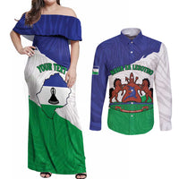 Personalised Lesotho Couples Matching Off Shoulder Maxi Dress and Long Sleeve Button Shirt Coat Of Arms With Map