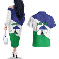 Personalised Lesotho Couples Matching Off The Shoulder Long Sleeve Dress and Hawaiian Shirt Coat Of Arms With Map