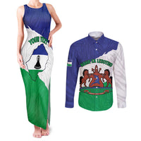 Personalised Lesotho Couples Matching Tank Maxi Dress and Long Sleeve Button Shirt Coat Of Arms With Map
