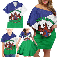 Personalised Lesotho Family Matching Off Shoulder Short Dress and Hawaiian Shirt Coat Of Arms With Map