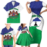 Personalised Lesotho Family Matching Short Sleeve Bodycon Dress and Hawaiian Shirt Coat Of Arms With Map