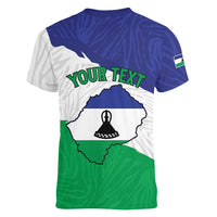 Personalised Lesotho Women V-Neck T-Shirt Coat Of Arms With Map